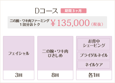 Dコース 135,000円 二の腕・ワキ肉ひきしめ2回分おトク